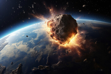 Giant meteorite impacts on earth, asteroid in collision with earth view from space