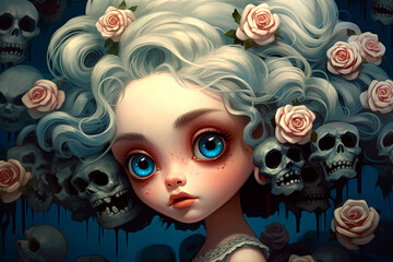 Little witch with roses in her hair. Doll. Generative AI