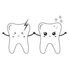 Healthy and sick teeth, kawaii characters, black contour doodle, vector illustration