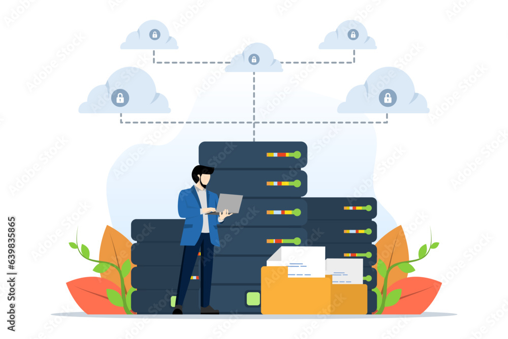 Poster business technology cloud storage concept, cloud server service with administrator and developer wor