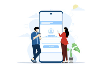 Flat vector developer team setup for user login app with mobile concept, online login form, login page. User profile, access to account concept. Flat vector illustration on a white background.