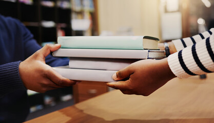 Hands, library and return books for learning, knowledge or research at academy, development or...
