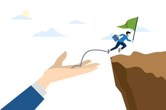 concept of helping hand or support to help achieve success, help to reach next level, solution or encouragement of employee, hand helping business people to jump over cliff to achieve success.