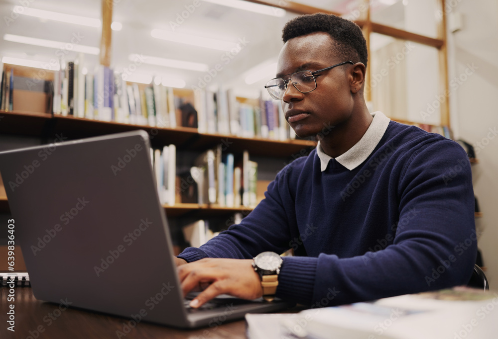 Poster Student, library and black man typing on a laptop in university or college campus working on assignment project. Online, studying and young person prepare for internet exam or doing research
