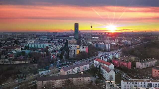 Munich city skyline aerial view at winter , munich sunrise over munich skyscrapers tv tower, germany tiy.
