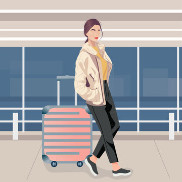 Vector illustration in flat cartoon style. A pretty young woman with dark hair in comfortable clothes stands with a suitcase in a modern airport or train station waiting room.
