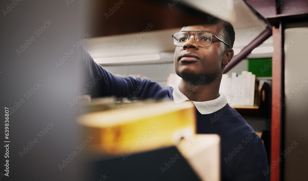 Poster knowledge, research and black man in a library search and learning on campus for studying and educat