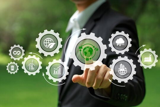  LCA-Life cycle assessment concept. Businessman touching green LCA icon for Assessing environmental impacts associated with value chain products. ISO LCA standard.Carbon footprint evaluation.