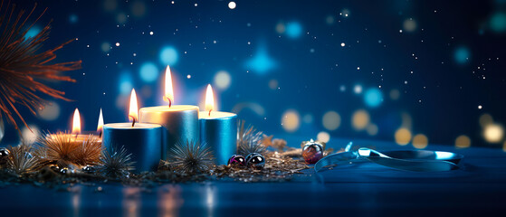 Blue Christmas composition with candles, decoration, lights, bokeh. Merry Christmas and New Year background.Holidays blue template.Generative ai