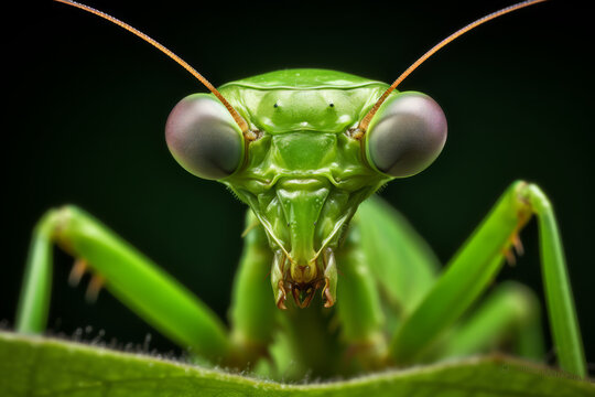 Macro photography of a mantis on a leaf, green on green