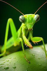 Macro photography of a mantis on a leaf, green on green