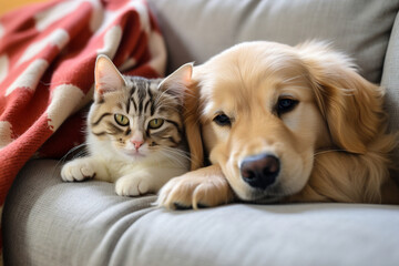 A playful dog and cat cuddling together on a cozy couch, love  