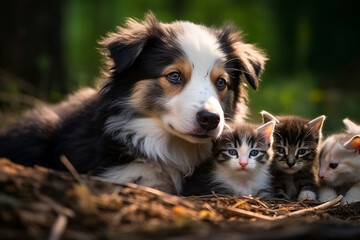 Obraz premium A protective dog watching over a litter of playful kittens, love 