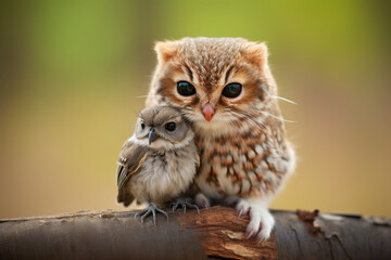A brave little mouse sitting comfortably on the back of a patient owl, love  