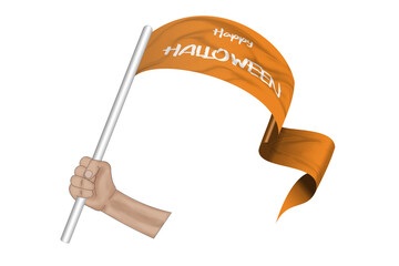 3D illustration. Hand holding flag of Happy Halloween on a fabric ribbon background.