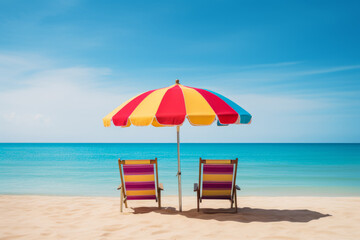 Holiday background: Sun loungers with umbrella on the beach with ocean view - 639838075