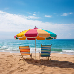 Fototapeta na wymiar Holiday background: Sun loungers with umbrella on the beach with ocean view