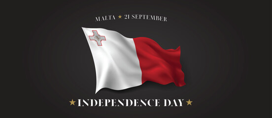 Malta independence day vector banner, greeting card. Maltese wavy flag in 21st of September patriotic holiday horiz