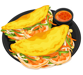Vietnamese shrimp crispy pancakes (Bánh Xèo) illustration vector. Asian vietnamese food vietnamese banh xeo rice pancakes icon. Vietnamese sizzling pancakes with shrimp cartoon. Vietnam food menu.