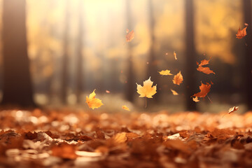 Flying fall leaves on autumn forest background