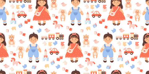 Cute kids seamless pattern. Children toys. Girl doll in red dress and boy in shorts, plush toys teddy bear and rabbit, train, car and cubes on white background. Vector illustration in cartoon style.