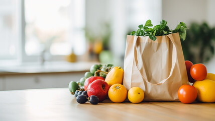 fresh vegetables and fruits in a modern kitchen in a shopping bag