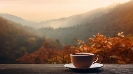 Naklejka na ściany i meble a cup of hot on the background of a blurry autumn landscape