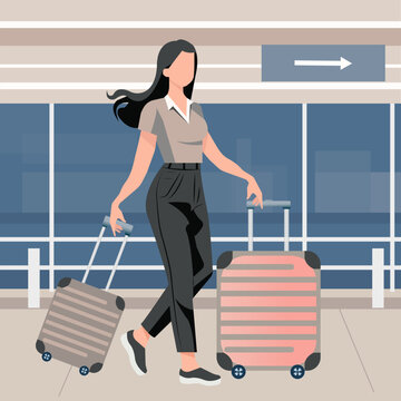 Vector illustration in flat cartoon style. A pretty young woman with dark hair in comfortable clothes stands with suitcases in a modern airport or train station waiting room.
