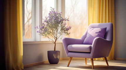Colorful chairs in a house near window with plants, minimalistic clean view, happy mood, very clean and happy mood. Generative AI.