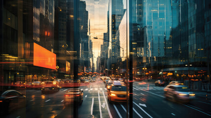 Fototapeta na wymiar Traffic lights on city streets at night time with city lights. Generative AI