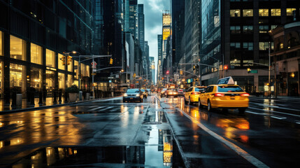 Fototapeta na wymiar Traffic lights on city streets at night time with city lights. Generative AI