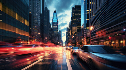 Fototapeta na wymiar Motion blurred traffic lights on city streets at night time with city lights. Generative AI.
