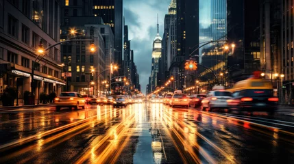 Fototapeten Motion blurred traffic lights on city streets at night time with city lights. Generative AI. © STOCK-AI