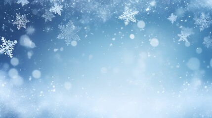 Naklejka na ściany i meble Winter christmas background with blue sky, snowfall, snowflakes