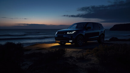 Fototapeta na wymiar SUV Adventure, Nature's Serenity at Sunset by the Empty Sea, A Tranquil Escape. Generative AI.