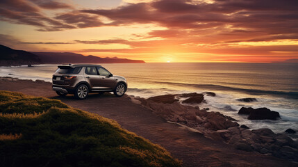 Fototapeta na wymiar SUV Adventure, Nature's Serenity at Sunset by the Empty Sea, A Tranquil Escape. Generative AI.