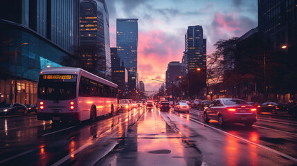 Motion blurred traffic lights on city streets at night time with city lights. Generative AI.