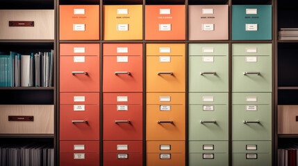 Colorful file and folder drawers minimalistic and clean view, patterned background. Generative AI.
