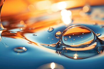 Splashing and spreading water drops on a sunset, high detail macro image. Generative AI.