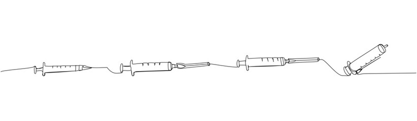 Syringe set. Injection, vaccination, medical supplies, equipment one line art. Continuous line drawing of medication, needle, healthcare, clinical, disposable, tool, narcotic, healthy, pandemic