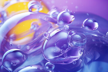 Yellow and Purple Cosmetic Elegance with Spreading Bubbles and Drops on Vivid Contrast Background. Generative AI