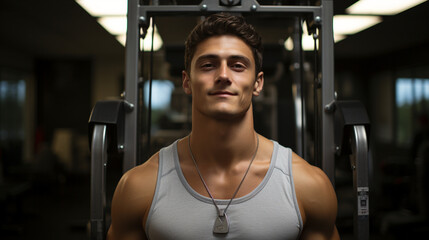 Fototapeta na wymiar Gym Enthusiasm: Portrait of Smiling Young Man, Gym Trainer