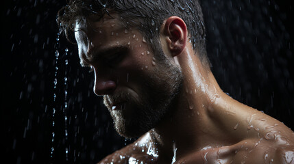 Resolute Intensity: Portrait of Wet, Sweaty Man in Gym Shower (Black Background). Portrait of a Man in Shower