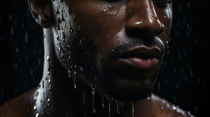 Focused Determination: Close-up of Wet Sweaty Face (No Eyes) of Black Man in Gym (Black Background)
