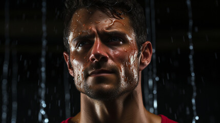 "Determined Grit: Portrait of Middle-Aged Man with Wet Sweaty Face in Gym (Black Background)