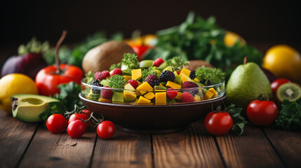 Vibrant Salad Bowl: Fruits and Vegetables on Dark Wooden Table