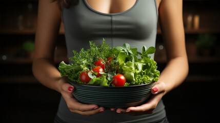 Nutrient-Rich Fuel: Woman in Sport Clothes Holding a Salad Bowl (Close-up)