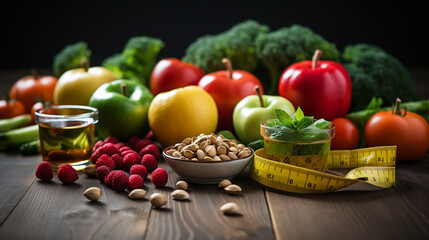 Healthy Ingredients: Fruits, Vegetables, Nuts, Olive Oil, and Measuring Tape on Dark Wooden Table