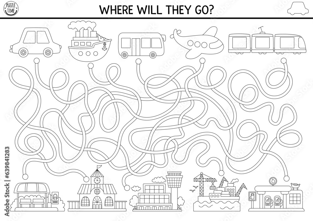 Wall mural transportation black and white maze for kids with air, water, land transport. line preschool printab - Wall murals
