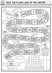 City transport black and white dice board game with landing airplane, pilot. Air transportation boardgame for kids.  Printable activity, coloring page. Help plane get to airport.